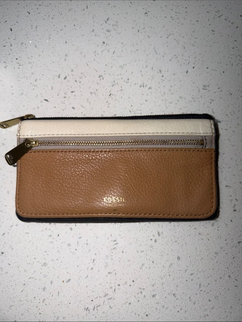 Fossil Two-Tone Leather Zip Card Wallet - Tan & Cream